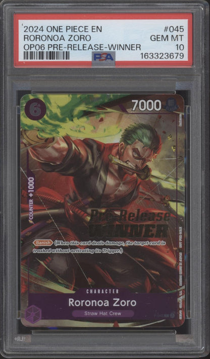 Roronoa Zoro One Piece Card Game OP06 Prerelease Winner #045 PSA 10