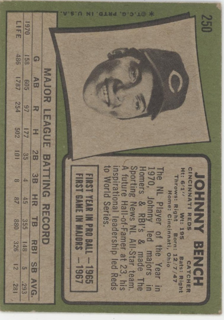 Johnny Bench 1971 Topps #250 Cincinnati Reds VG