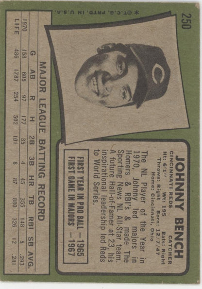 Johnny Bench 1971 Topps #250 Cincinnati Reds VG