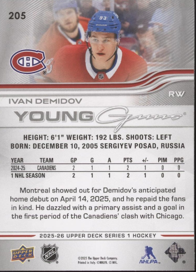 Ivan Demidov 2025-26 Upper Deck Series 1 Young Guns RC #205