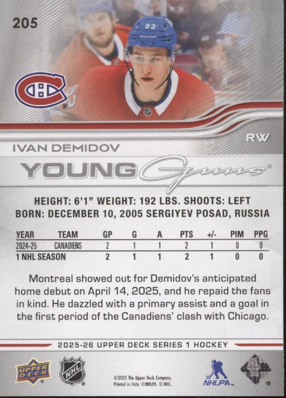 Ivan Demidov 2025-26 Upper Deck Series 1 Young Guns RC #205