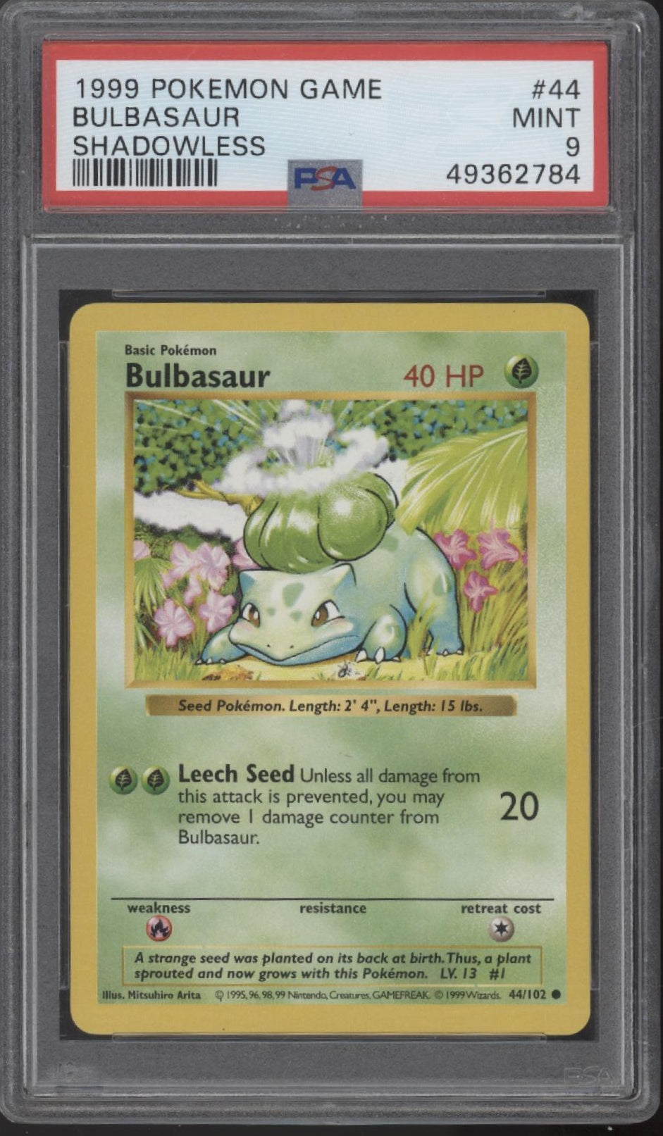 Bulbasaur Pokemon Base Set Shadowless #44 PSA 9
