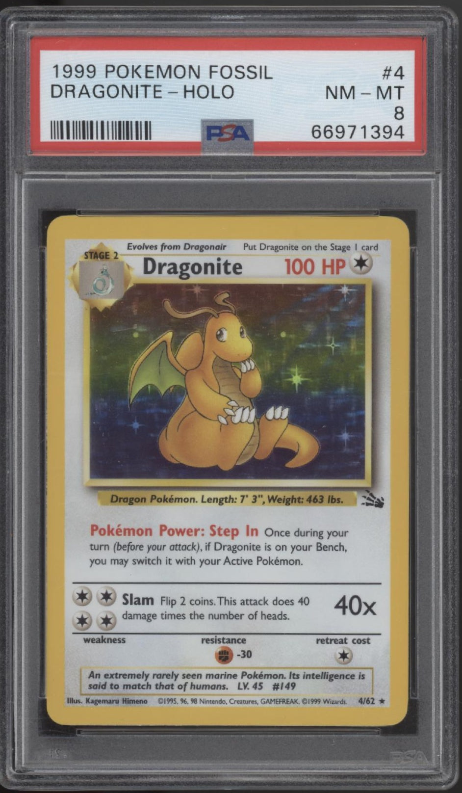 Dragonite Pokemon Fossil Holo #4 PSA 8