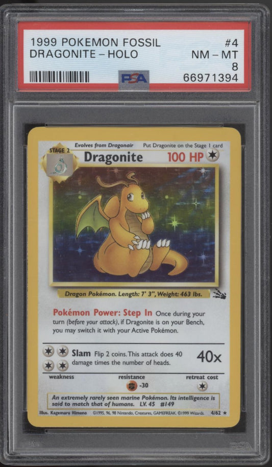 Dragonite Pokemon Fossil Holo #4 PSA 8