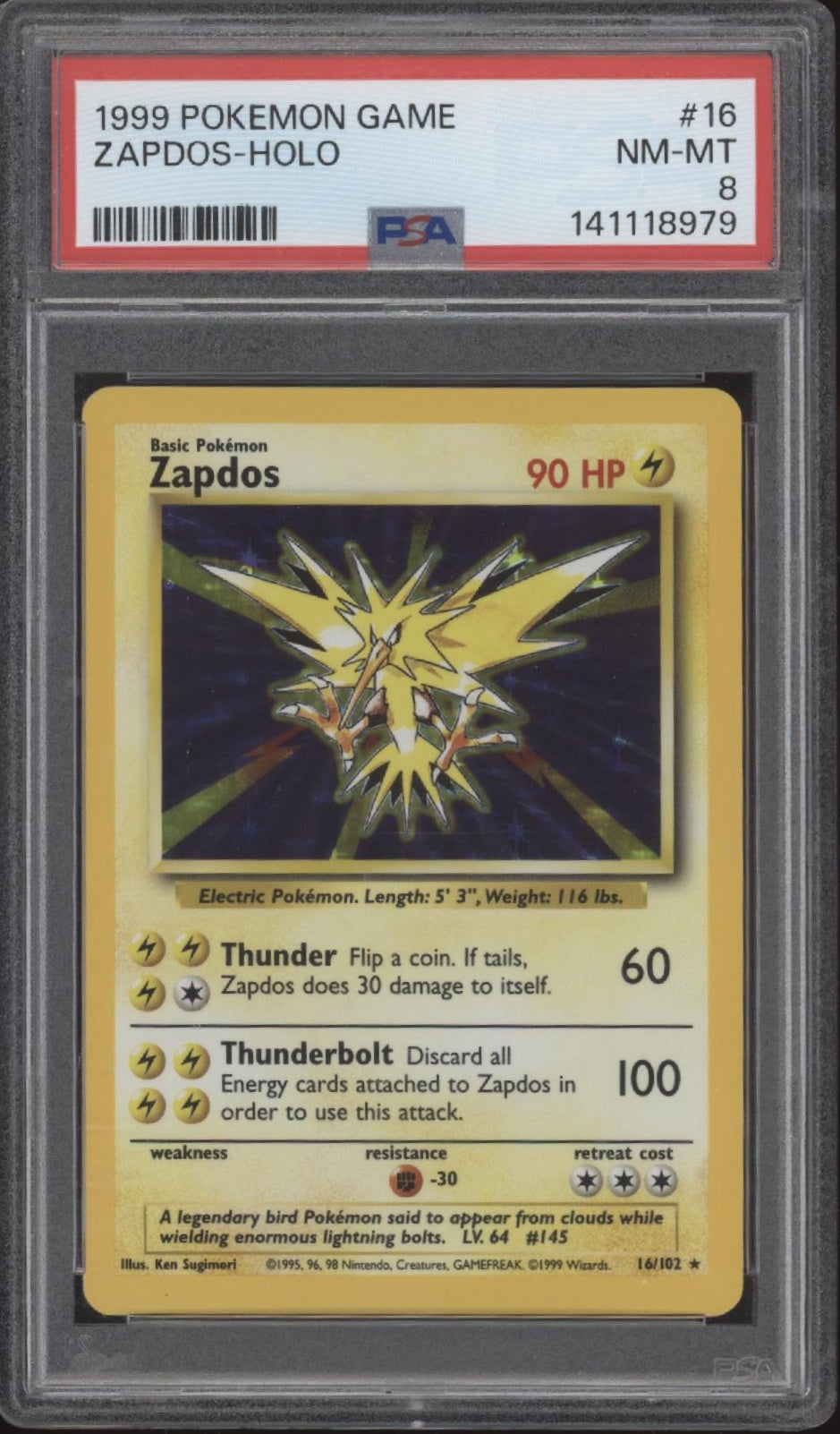 Zapdos Pokemon Base Set Holo #16 PSA 8