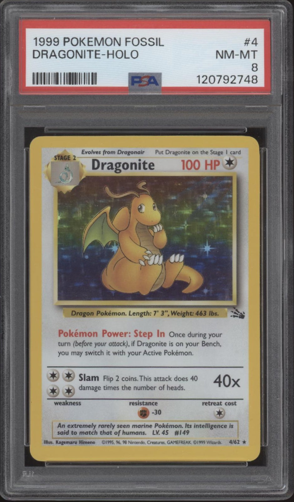 Dragonite Pokemon Fossil Holo #4 PSA 8