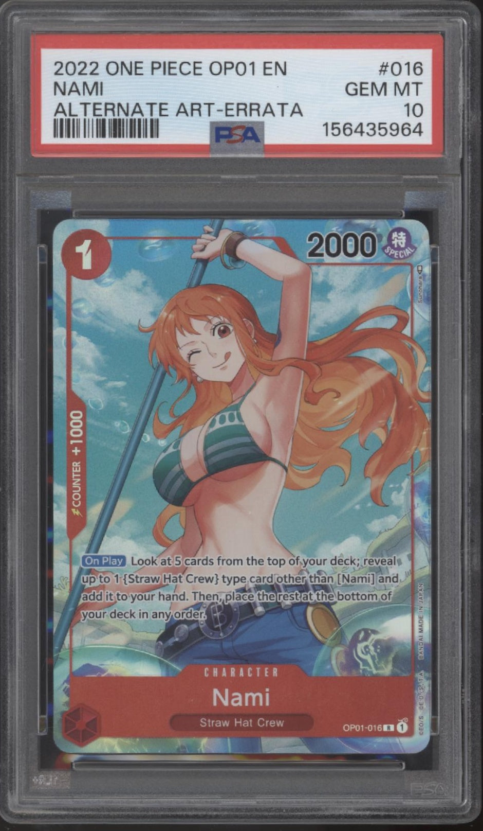 Nami One Piece Card Game OP01 Alternate Art Errata #016 PSA 10