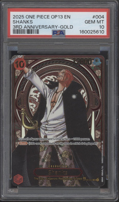 Shanks One Piece Card Game OP13 3rd Anniversary Gold #004 PSA 10