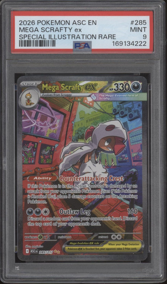 Mega Scrafty ex Pokemon Ascended Heroes Special Illustration Rare #285 PSA 9
