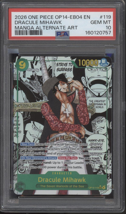 Dracule Mihawk One Piece Card Game OP14-EB04 Manga Alternate Art #119 PSA 10