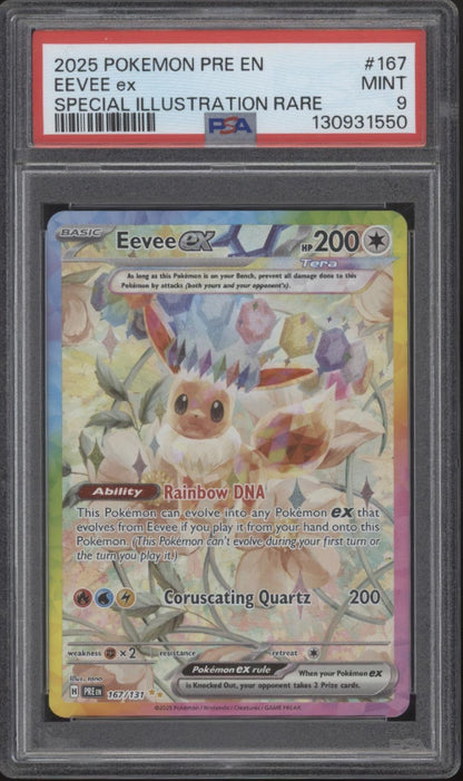 rare eevee evolution cards Eevee 2025 Pokemon Prismatic Evolutions EX Special Illustration Rare #167 PSA Authenticated 9 Card