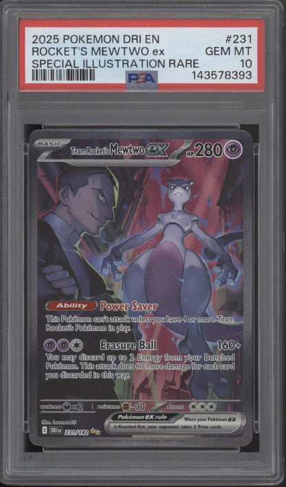 Rocket's Mewtwo ex Pokemon Destined Rivals Special Illustration Rare #231 PSA 10 Rocket's Mewtwo ex Pokemon Destined Rivals Special Illustration Rare #231 PSA 10