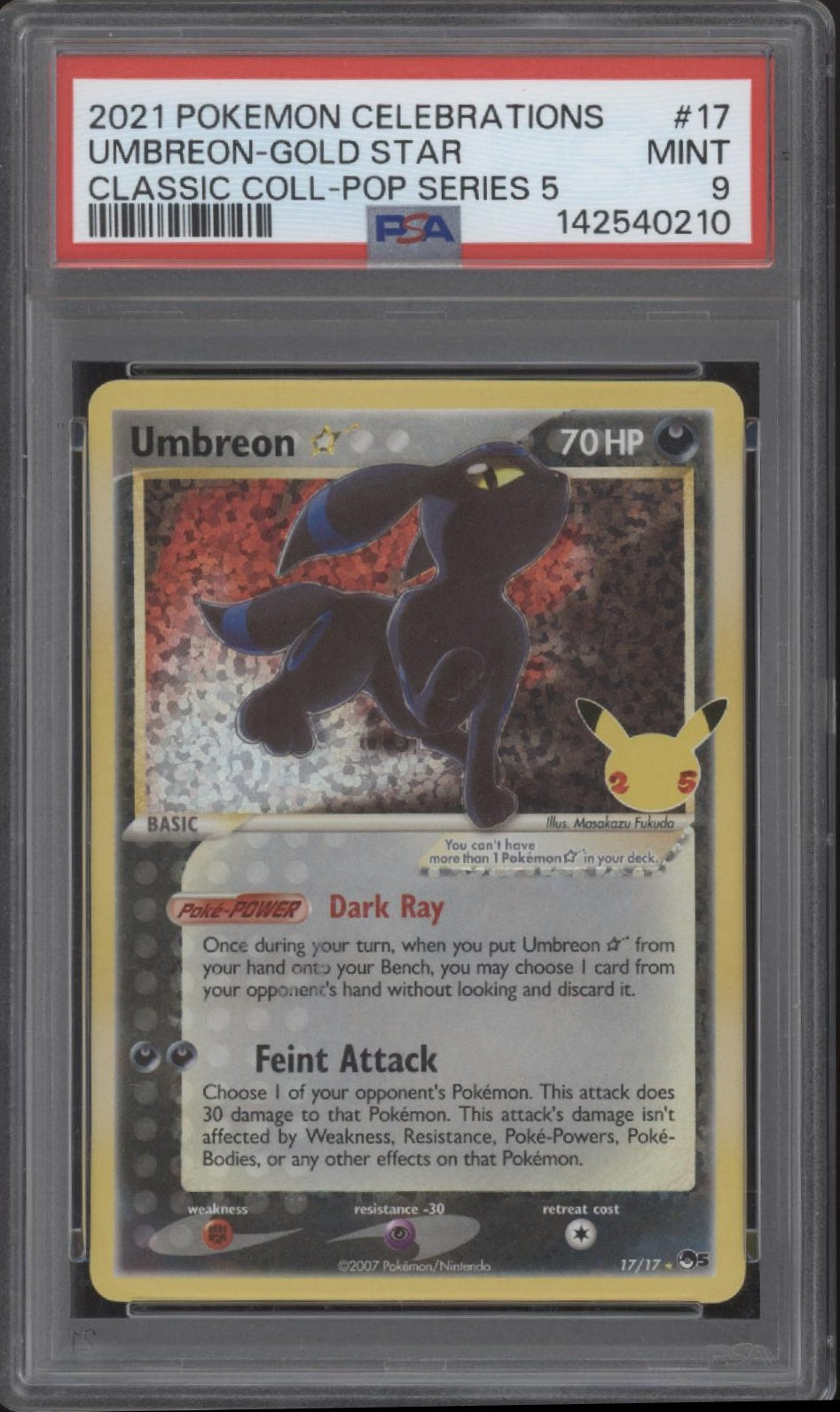 Umbreon Gold Star Pokemon Celebrations Classic Collection Pop Series 5 #17 PSA 9