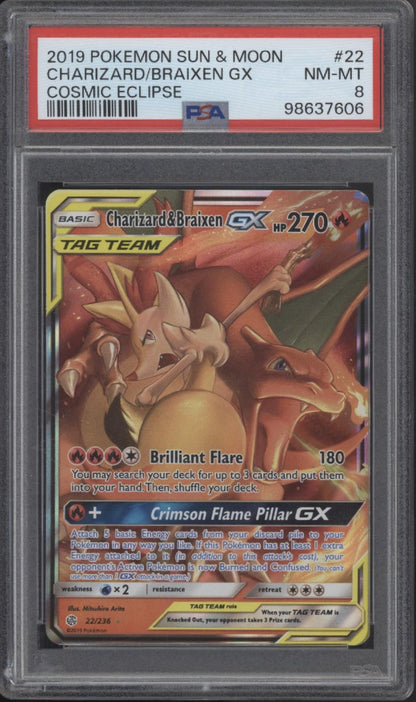Charizard & Braixen GX Pokemon Cosmic Eclipse #22 PSA 8