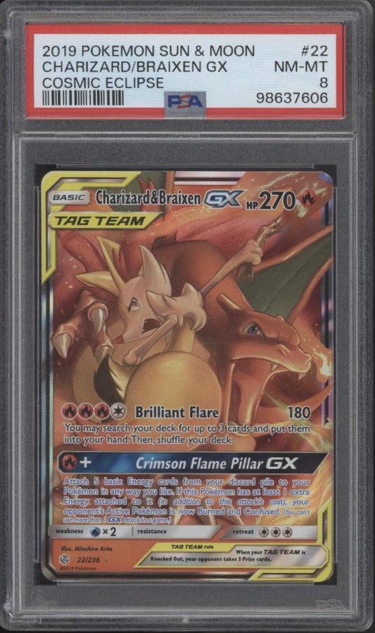Charizard & Braixen GX Pokemon Cosmic Eclipse #22 PSA 8