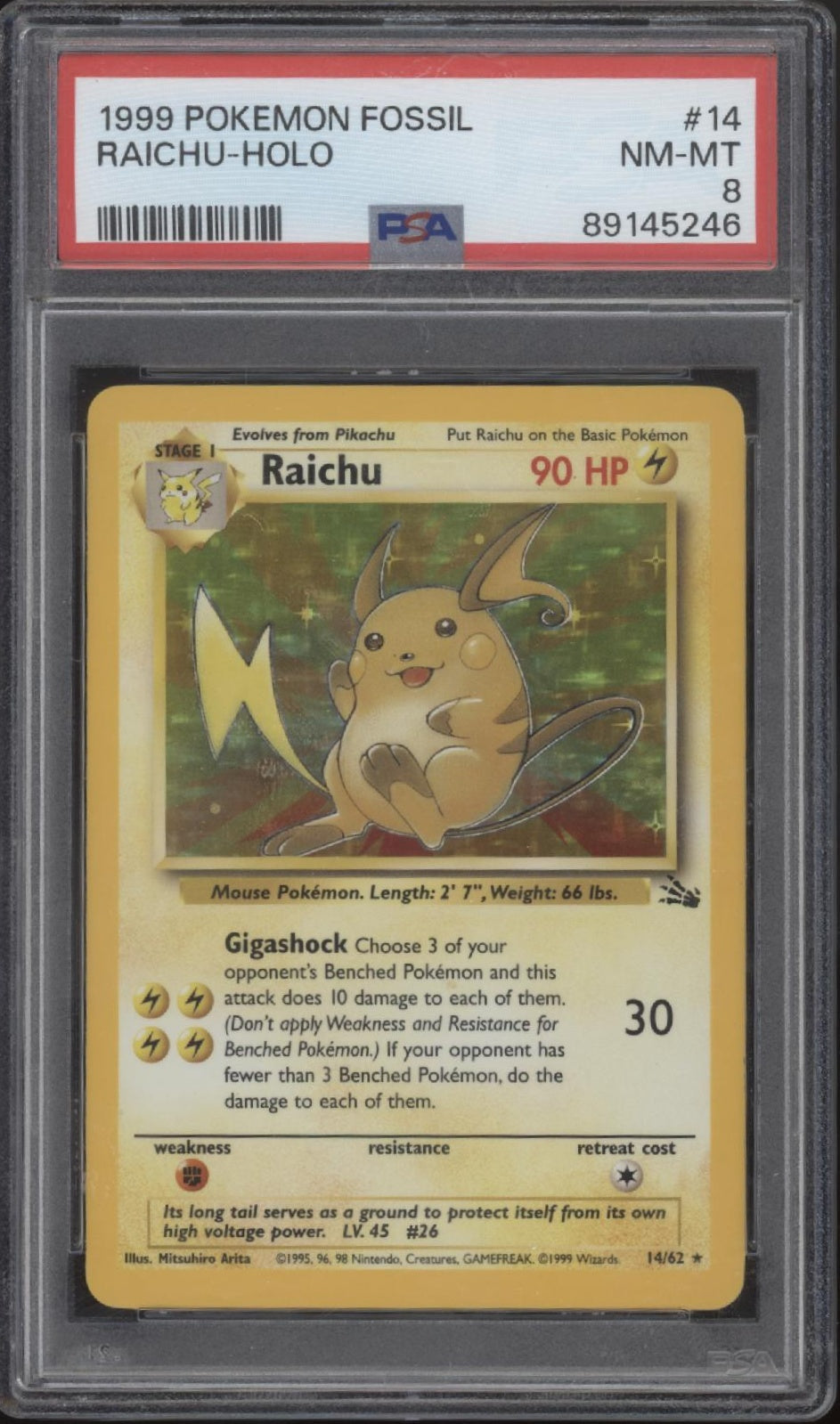 Raichu Pokemon Fossil Holo #14 PSA 8