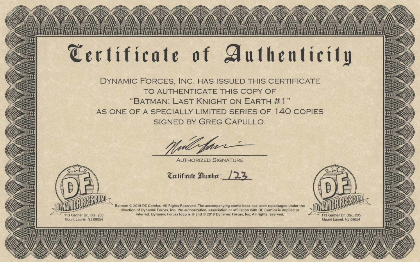 Batman Last Knight on Earth (2019 DC) #1 Signed with DF COA (Black Ink)