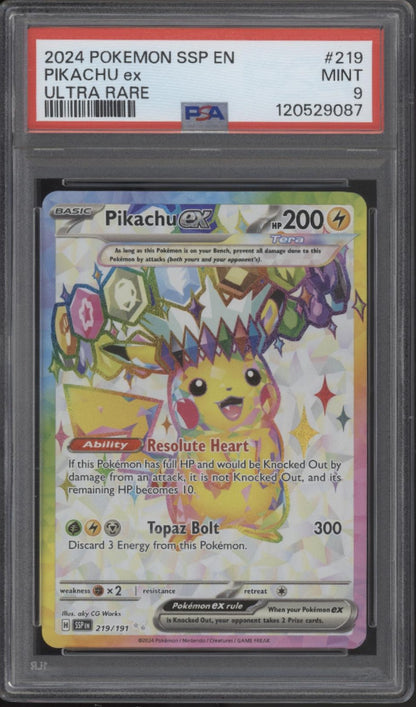 Pikachu ex Pokemon Surging Sparks Ultra Rare #219 PSA 9