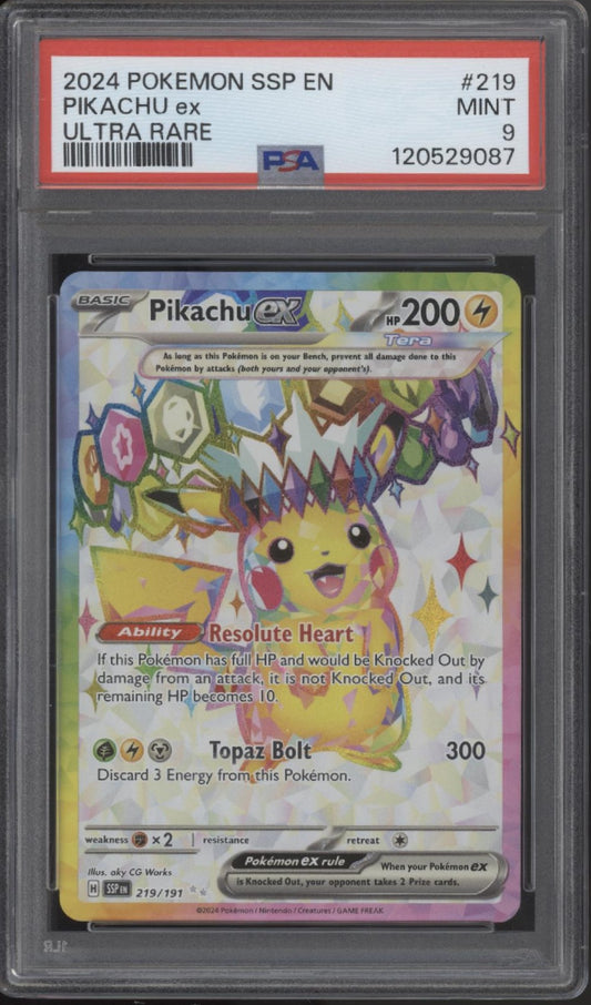 Pikachu ex Pokemon Surging Sparks Ultra Rare #219 PSA 9