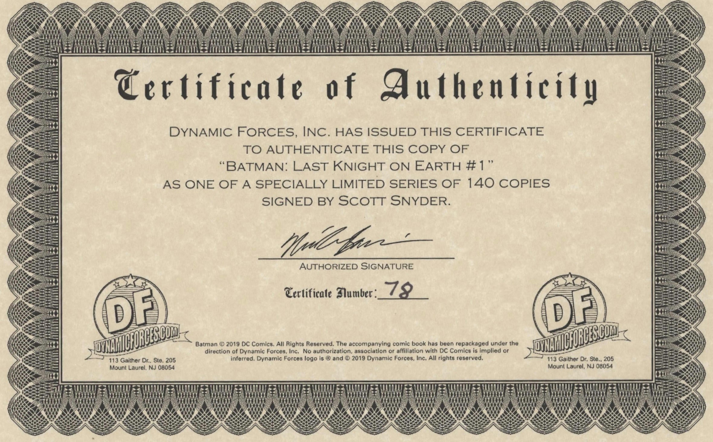 Batman Last Knight on Earth (2019 DC) #1 Signed with DF COA (Silver Ink)、Collector Store LLC - Comics、kayou