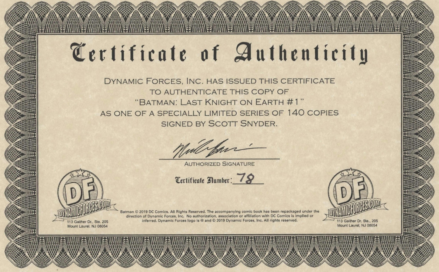 Batman Last Knight on Earth (2019 DC) #1 Signed with DF COA (Silver Ink)