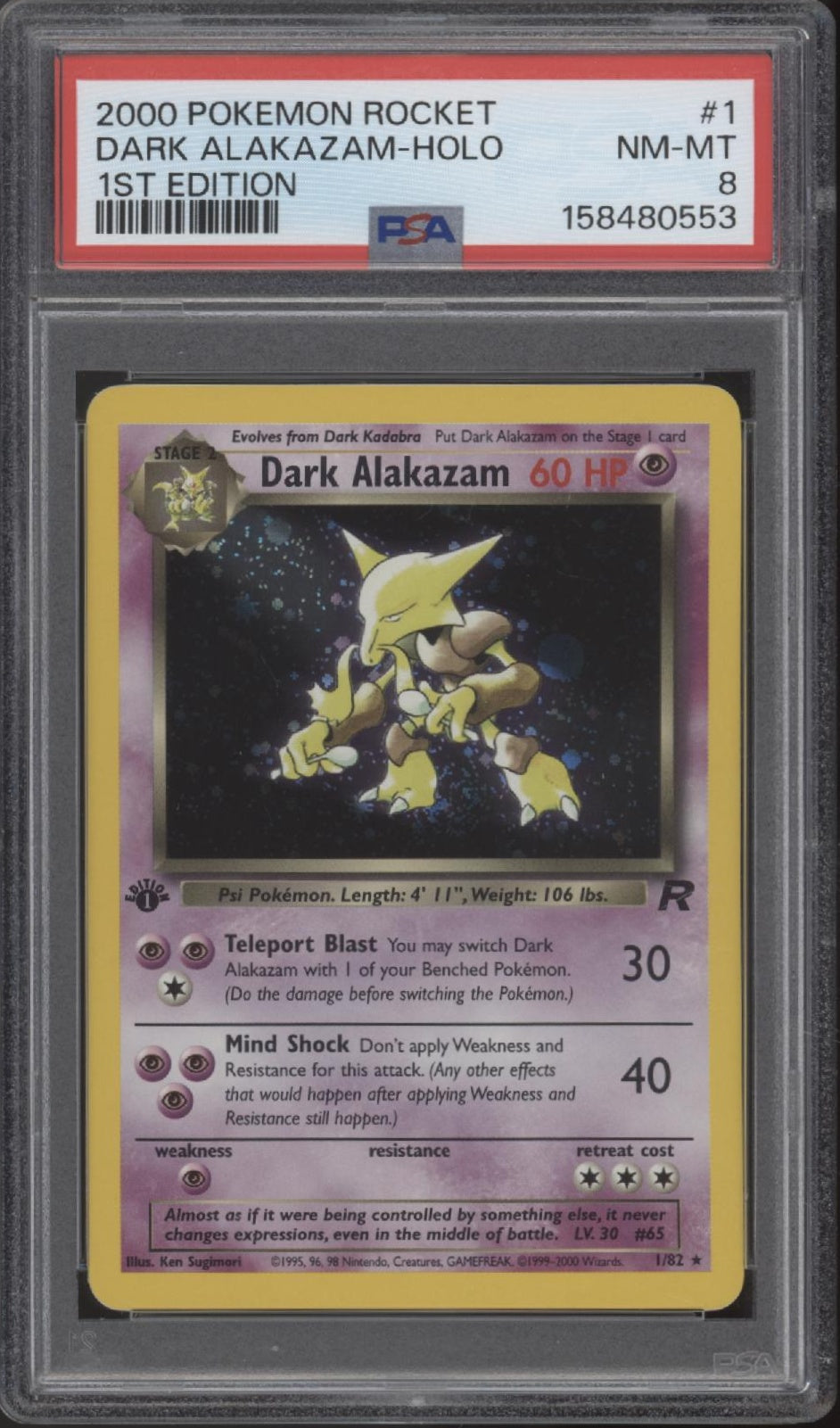Dark Alakazam Pokemon Team Rocket Holo 1st Edition #1 PSA 8