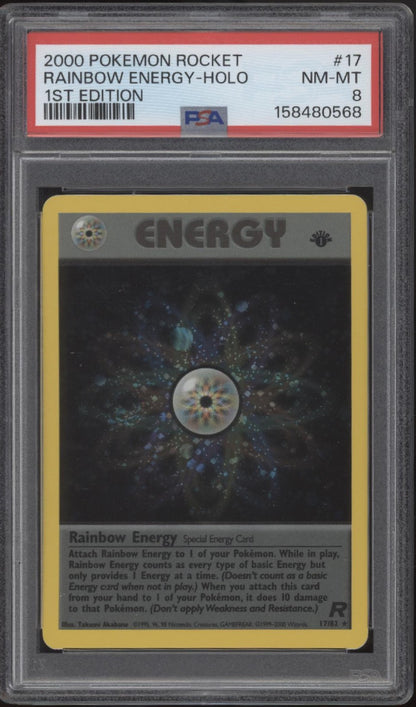 Rainbow Energy Pokemon Team Rocket Holo 1st Edition #17 PSA 8