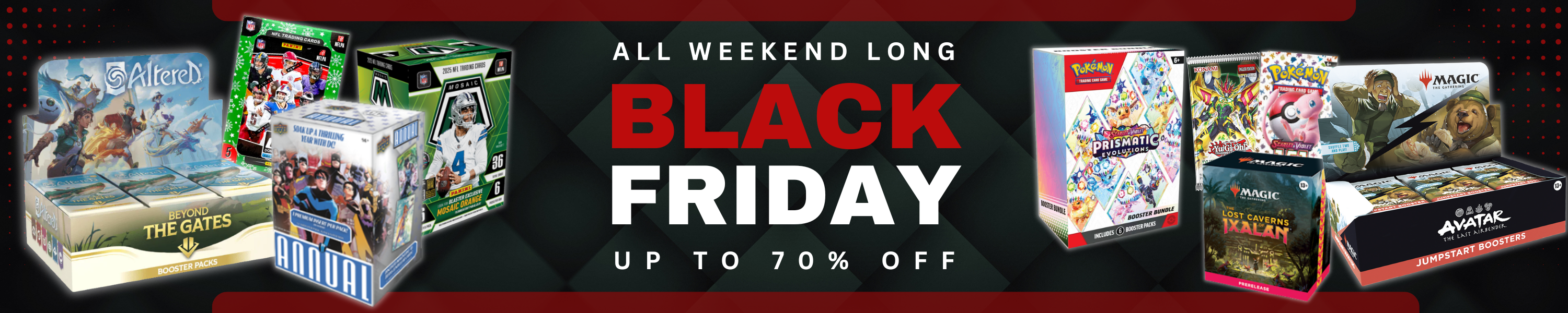 Black Friday sale banner with trading card boxes and promotional text.