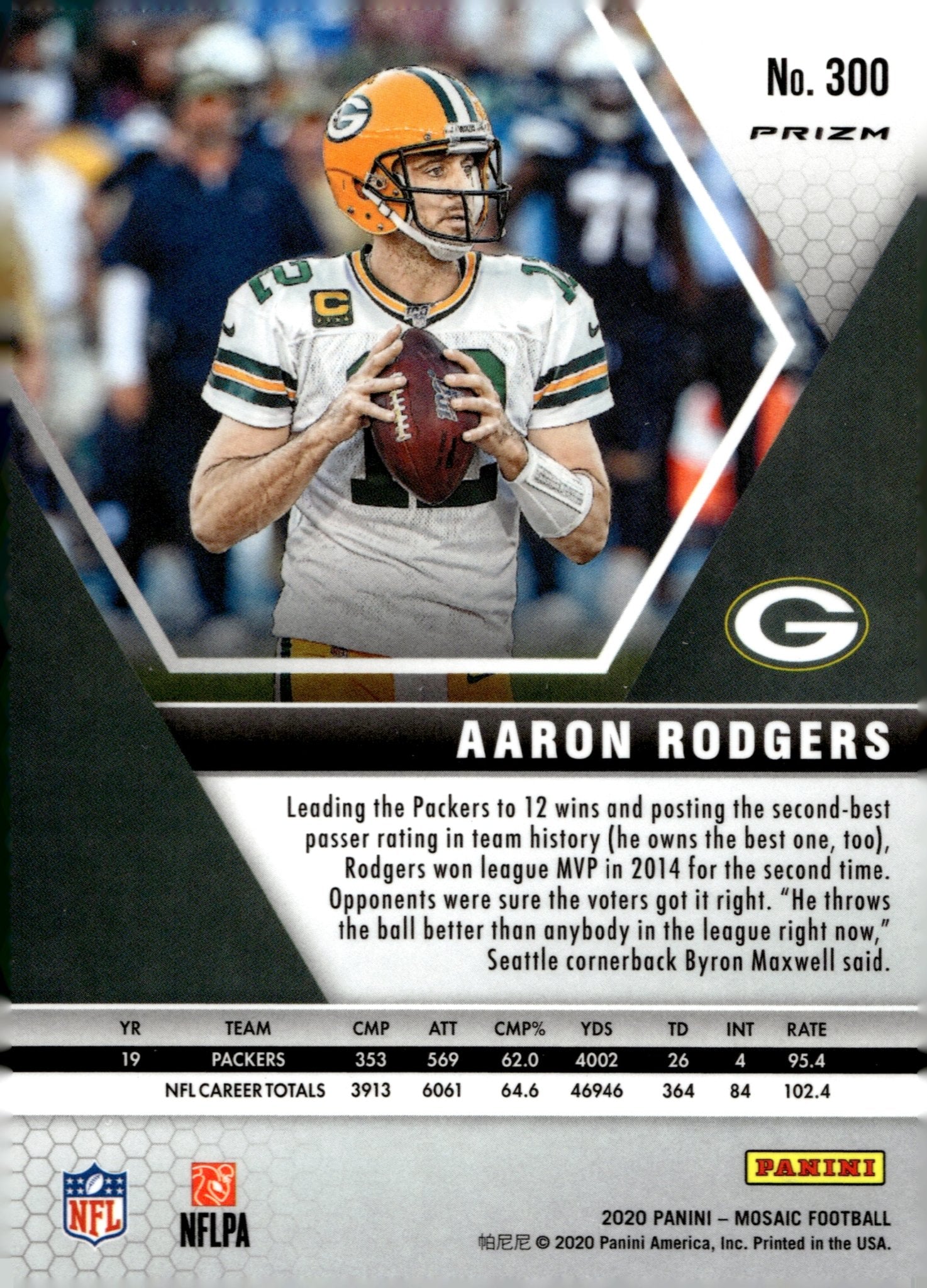 Aaron Rodgers 2020 Panini Mosaic MVPs Green Prizm #300 - Collector Store LLC