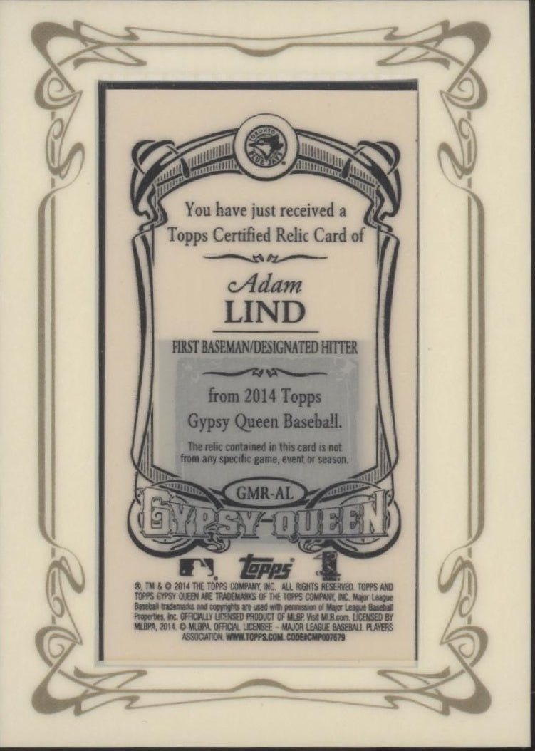 Adam Lind 2014 Topps Gypsy Queen Mini Framed Swatch #GMR - AL - Collector Store LLC