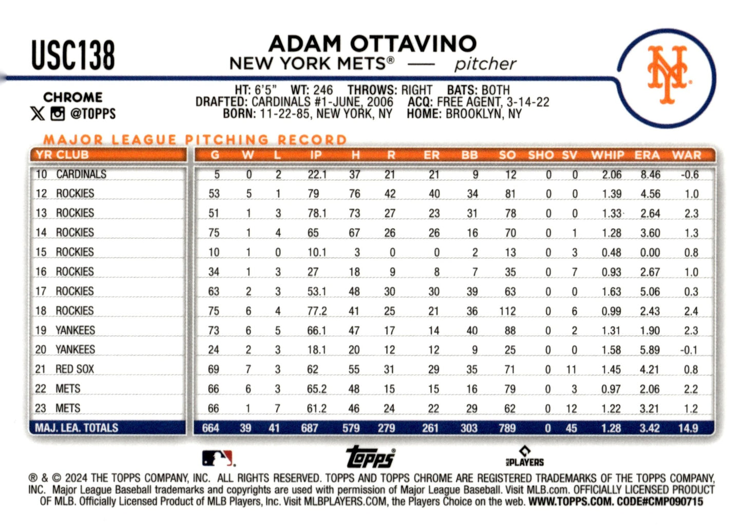 Adam Ottavino 2024 Topps Chrome Green Ray Wave Refractor 56/99 #USC138 - Collector Store LLC