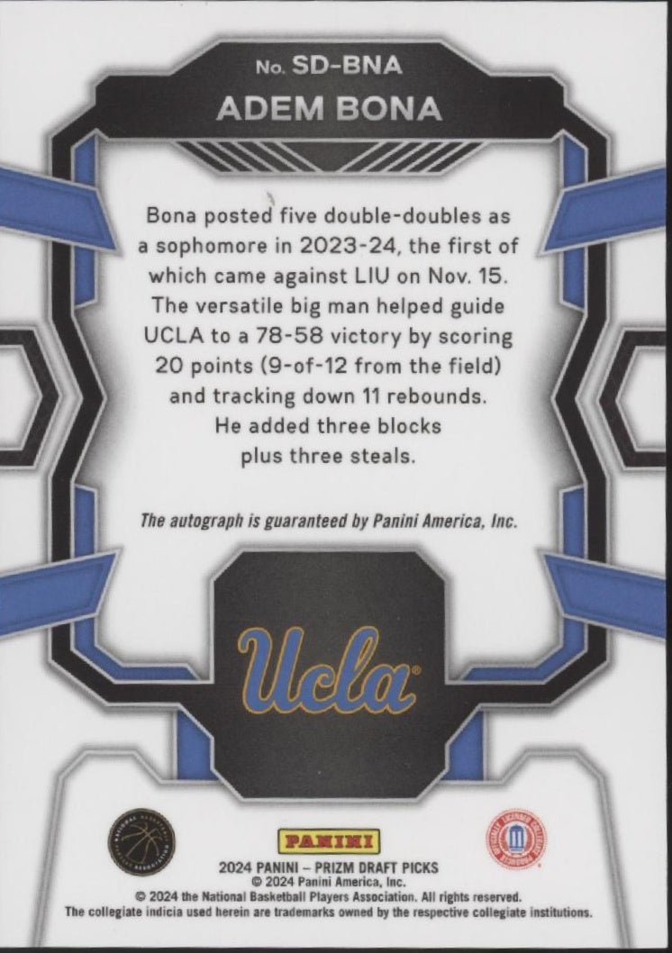 Adem Bona 2024 Panini Prizm Draft Picks Signing Day RC Auto SD - BNA - Collector Store LLC