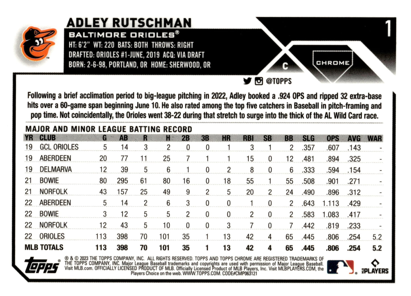 Adley Rutschman 2023 Topps Chrome RC #1 - Collector Store LLC