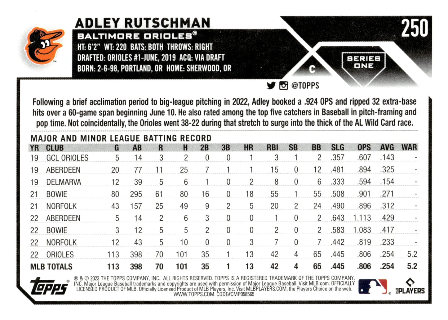 Adley Rutschman 2023 Topps Series 1 Royal Blue #250 - Collector Store LLC