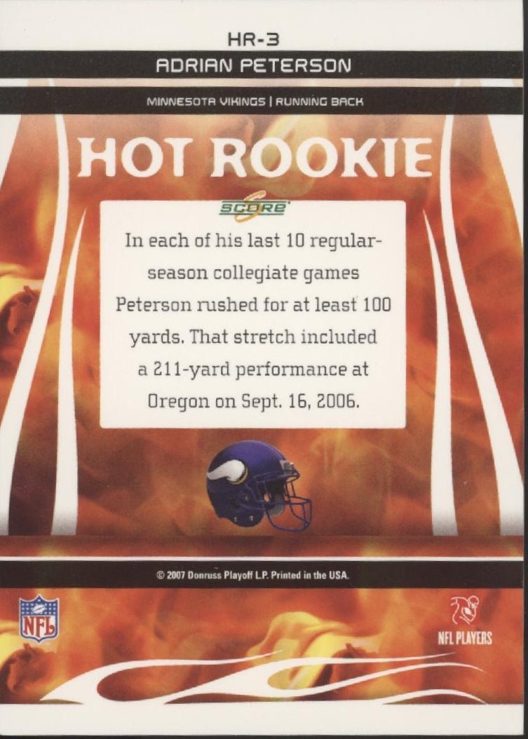 Adrian Peterson 2007 Donruss Score Hot Rookie RC #HR - 3 - Collector Store LLC