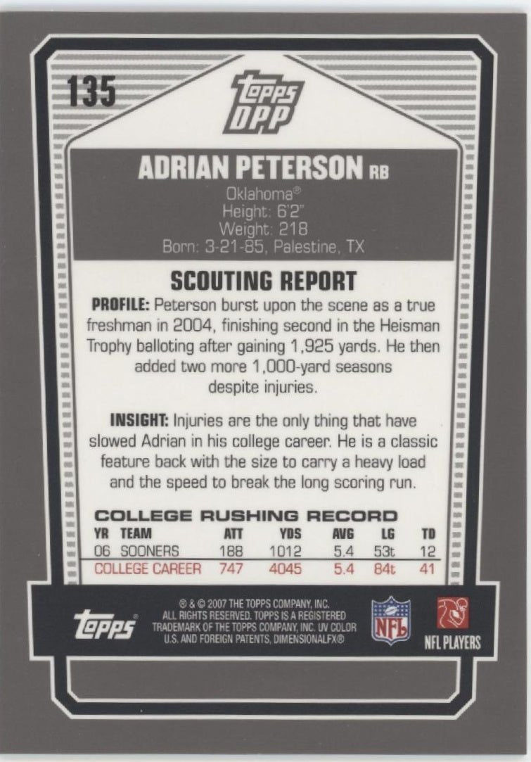 Adrian Peterson 2007 Topps Chrome Draft Picks & Prospects RC #135 - Collector Store LLC