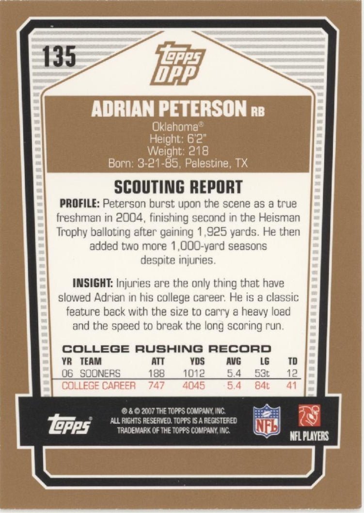 Adrian Peterson 2007 Topps Draft Picks & Prospects RC #135 - Collector Store LLC