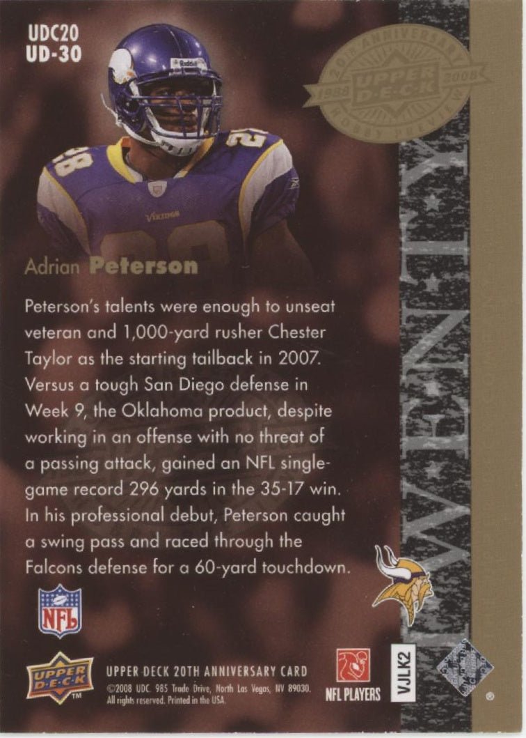 Adrian Peterson 2008 Upper Deck 20th Anniversary Hobby Preview #UD - 30 #2 - Collector Store LLC