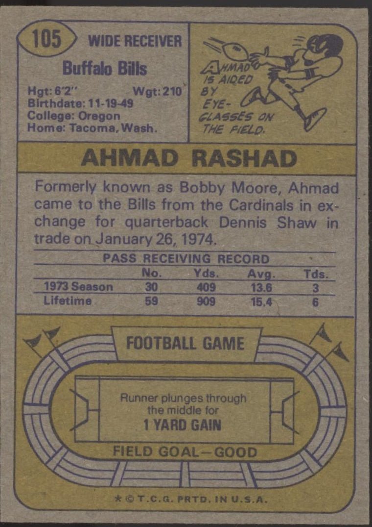 Ahmad Rashad 1974 Topps RC 105 Buffalo Bills VG - EX - Collector Store LLC