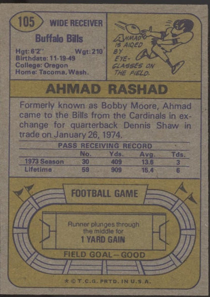 Ahmad Rashad 1974 Topps RC 105 Buffalo Bills VG - EX - Collector Store LLC