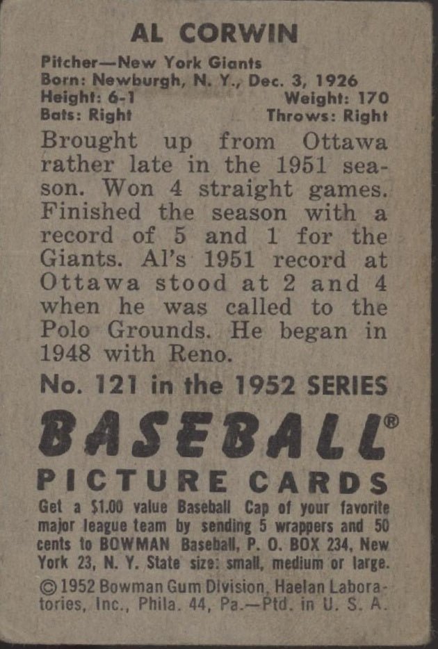 Al Corwin 1952 Bowman RC #121 New York Giants VG - EX - Collector Store LLC