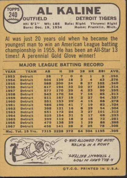 Al Kaline 1968 Topps #240 Detroit Tigers VG - Collector Store LLC