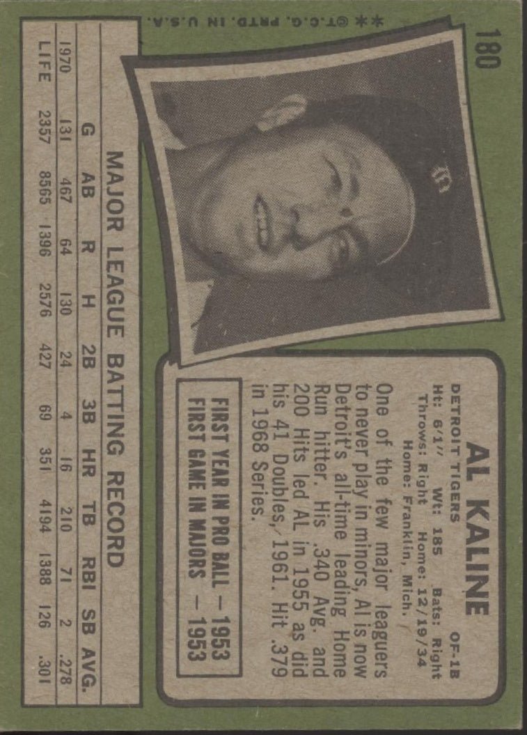 Al Kaline 1971 Topps #180 Detroit Tigers VG - Collector Store LLC
