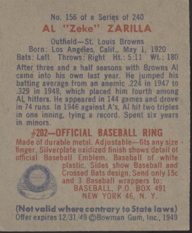 Al Zarilla 1949 Bowman RC #156 St. Louis Browns VG - EX - Collector Store LLC