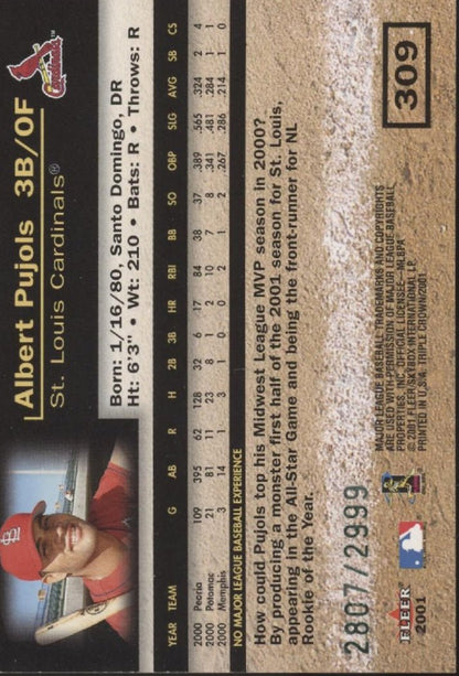 Albert Pujols 2001 Fleer Triple Crown Prospects 2807/2999 #309 - Collector Store LLC