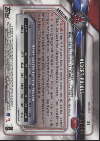 Albert Pujols 2018 Bowman Chrome Refractor 137/499 #29 - Collector Store LLC