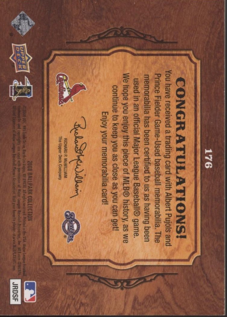 Albert Pujols / Prince Fielder 2008 Upper Deck Ballpark Collection Swatch #176 - Collector Store LLC