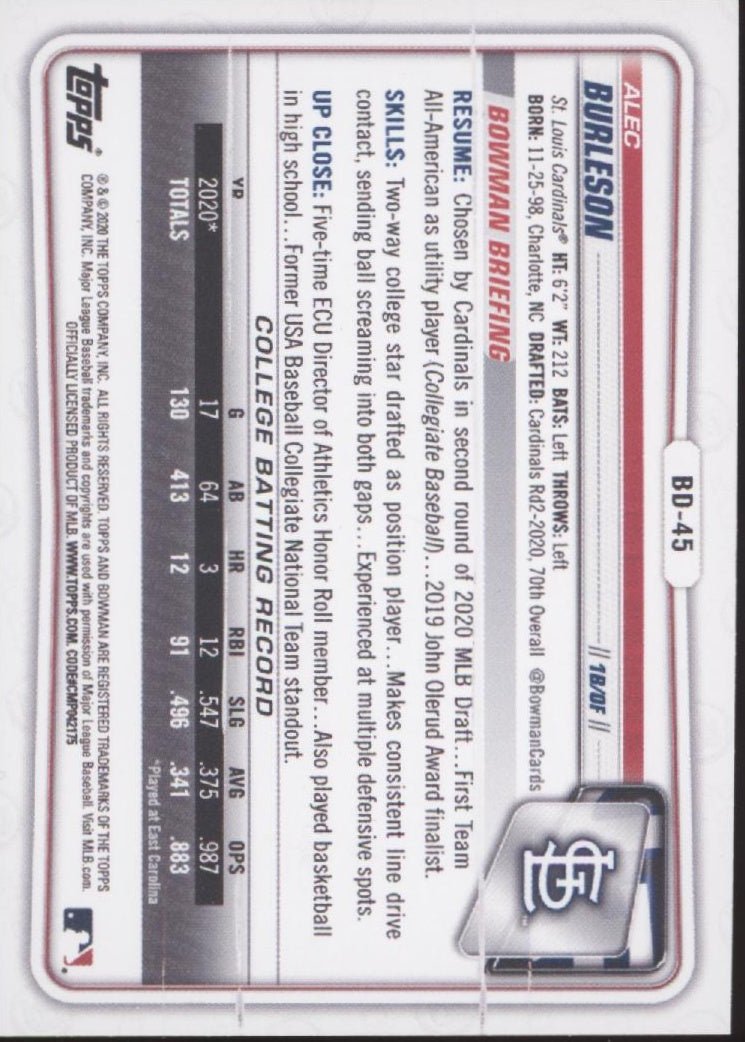 Alec Burleson 2020 Bowman Prospect Blue 146/150 BD - 45 - Collector Store LLC