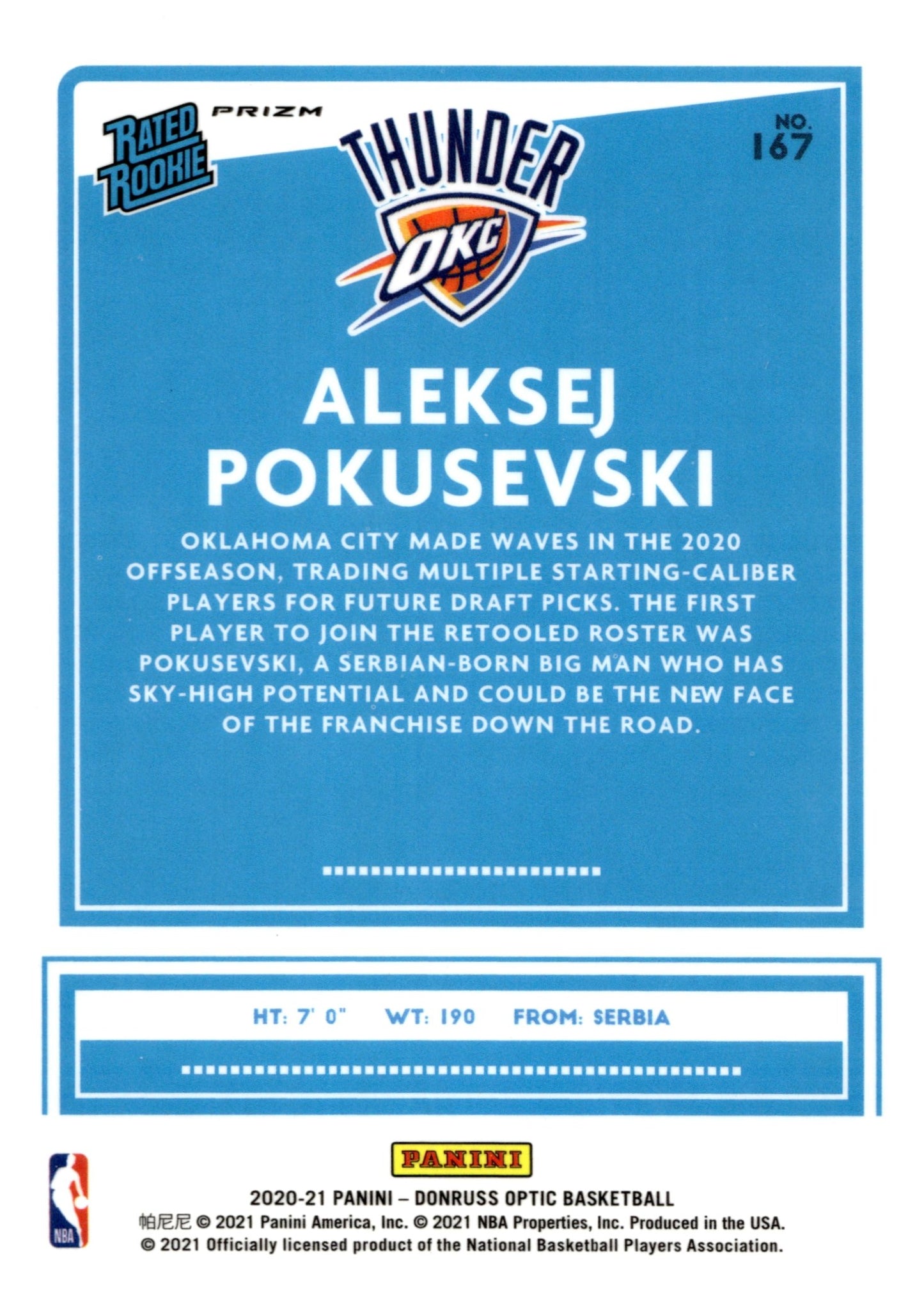 Aleksej Pokusevski 2020 - 21 Panini Donruss Optic Rated Rookie Prizm RC #167 - Collector Store LLC