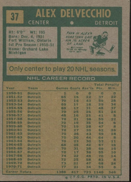 Alex Delvecchio 1971 - 72 Topps #37 Detroit Red Wings EX - NM - Collector Store LLC